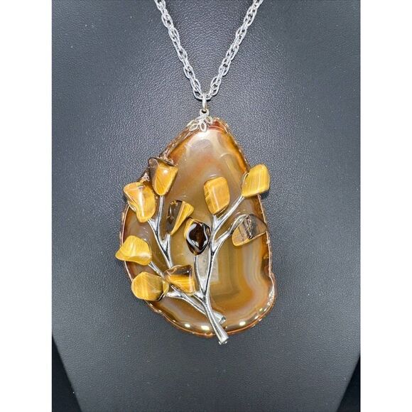 Large Stone Pendant Slice Agate with Flower Tiger’s Eye Silverstone Chain - Picture 3 of 7